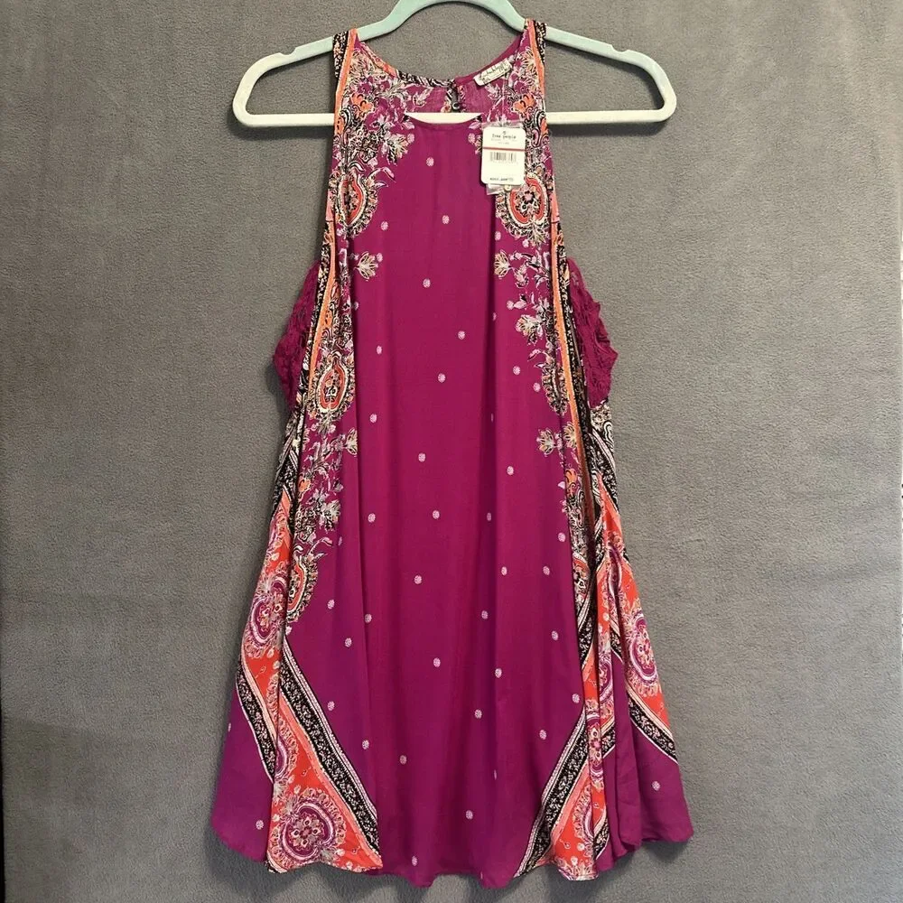 NWT Free People‎ Darjeeling Printed Slip Dress Size XS Magenta Boho Festival